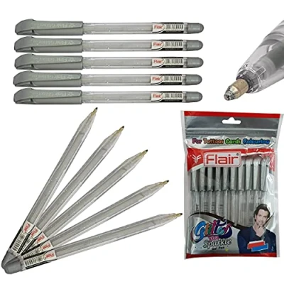 Image of FLAIR Glitter Xtra Sparkle Gel Pens, SILVER, 1.0mm Medium Point, Pack of 10, Colour Sketch Draw Doddle Journal Use, PATEL Black Ball Pen