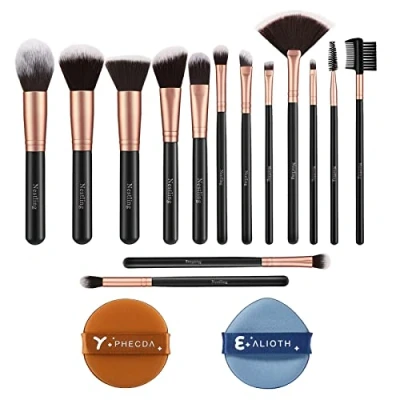 Image of Nestling Makeup Brushes Rose Golden 14 Pcs Brush Set with 2 Powder Puffs Premium Synthetic Kabuki for Foundation Face Blush Eyesshadow Cruelty Free