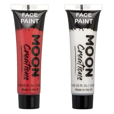 Image of Moon Creations Face &amp; Body Paint Tubes England Flag Red White Set Euro 2024 12ml Ready to Use Made in UK for Kids, Adults, Fancy Dress, Festivals, Halloween, Joker
