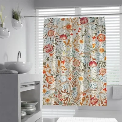 Image of MOKOSAISE William Morris Shower Curtain Set with Hooks Lily Art Nouveau Floral Waterproof Polyester Fabric Home Bath Curtains Bathtubs Decor W150xL180cm