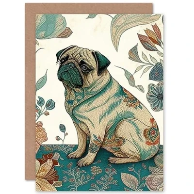 Image of Artery8 Pug Dog with Floral Patterns Vintage Inspired Multicoloured Linocut Illustration Art Birthday Sealed Greeting Card Plus Envelope Blank inside
