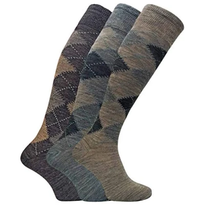 Image of Sock Snob 3 Pairs Mens Extra Long Knee High Argyle Lambs Wool Dress Socks in Brown or Grey (6 11 uk, ELLW Brown)