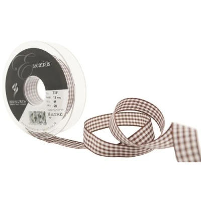 Image of Berisfords 7391 20 m x 15 mm Traditional Check Gingham Ribbon, Brown