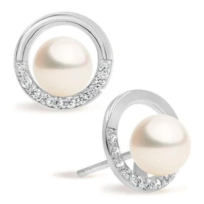 Image of Women Pearl Earrings Freshwater Cultured Pearls Button Shape 7,5 to 8 mm by SECRET &amp; YOU Rhodium plated Sterling Silver 925.