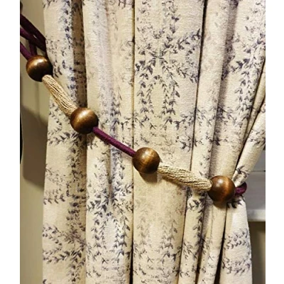 Image of Kestral 2 x Tie Backs Woven Rope Curtain Tieback Hold With Saffron Wooden Ball Design Beautiful Elegant Finish, Aubergine
