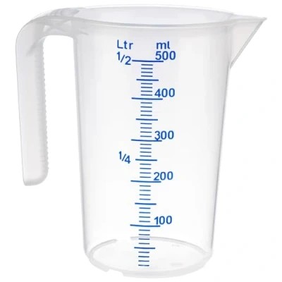 Image of APS Measuring Cup 0.5 litres, Diameter 9 x Height: 14 cm, Plastic with Embossed Scale on The Outside, Open Handle, L/ml Division, Dishwasher Safe