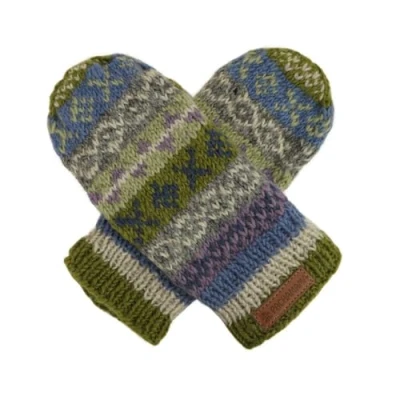 Image of Pachamama Women Wool Mittens Fleece Lined Handknitted Fairisle Multicoloured One Size Handmade Extra Warm Fair Trade (Wool, Olive)
