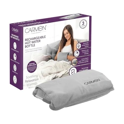 Image of Carmen C85043GRY Rechargeable Hot Water Bottle, Soft Touch Fleece Cover, Hand Warmer, Automatic Temperature Control, Grey