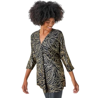 Image of Roman Originals Pleat Front Top for Women UK Ladies Pleated Shirt Notch V Neck Blouse Summer Tunic Spring Pull On Comfy Soft Evening Holiday Vacation Work Party Everyday Black Gold Size 10