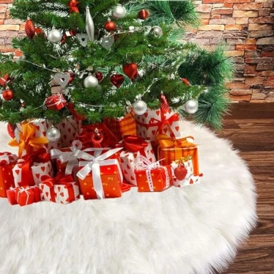 Image of Mzhki Christmas Tree Skirts, Faux Fur White Skirt, base Cover for Tree, Round Mat Your Fits Any Size Xmas New Year Home Party Decorations (White/48inch)