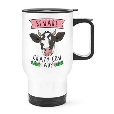 Image of Beware Crazy Cow Lady Travel Mug Cup with Handle