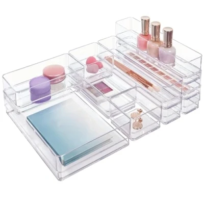 Image of STORi SimpleSort 10 Piece Stackable Clear Drawer Organizer Set Multi size Trays Makeup Vanity Storage Bins and Office Desk Dividers Made in USA