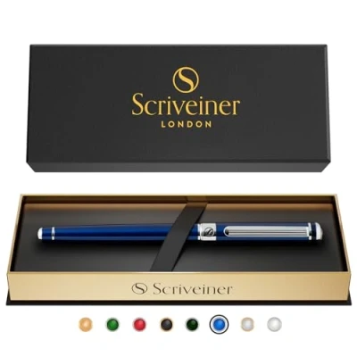 Image of Scriveiner Midnight Blue Rollerball Pen Stunning Lacquer Luxury Pen, Chrome Finish, Schmidt Ink Refill, Best Roller Ball Gift Set for Men &amp; Women, Professional, Executive Office, Nice Pens