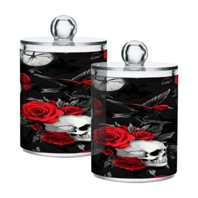 Image of Ewusp Skull Rose Qtip Holder 2 PCS Clear Plastic Apothecary Jars with Lid Cotton Pad Dispenser Bud Bathroom Storage Container Makeup Organizer