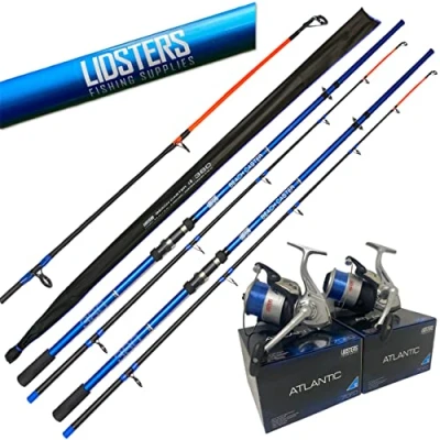 Image of 2 x LFS Beachcaster Sea Fishing Rod 12ft 2pc + Lidsters Atlantic 70 Reel Blue