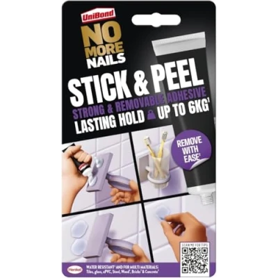 Image of UniBond No More Nails Stick &amp; Peel, Strong Removable Adhesive for Tiles, Glass, Aluminium More, Adjustable Non Corrosive, Ideal Indoor Use, Drilling, Solvent Free, Multi Surface Bonding