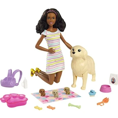 Image of Barbie Doll and Accessories Playset with Brunette Doll, Mommy Dog, 3 Puppies 11 Pieces, Newborn Pups Set, HCK76
