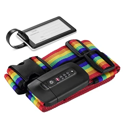 Image of Navaris Suitcase Strap with TSA Lock Cross Case Baggage Belt Combination and Luggage Tag for Suitcases, Travel Bags Multicoloured
