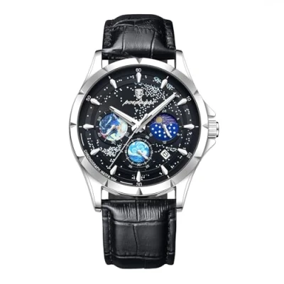 Image of JewelryWe Men Leather Band Watch: Luminous 30M Waterproof Analog Quartz Chronograph Black Blue Wrist Watch Gifts for Father&#039;s Day Valentine&#039;s Christmas