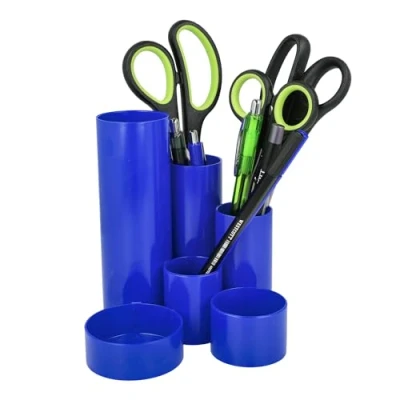 Image of Westcott pen holder blue with 6 round compartments as desk organiser clear storage of pens and office accessories E 744560 00
