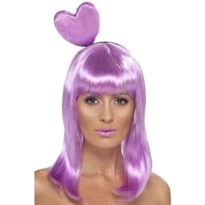 Image of Smiffys Candy Queen Wig, Lilac with Heart Headband, Icons &amp; Idols Fancy Dress, Adult Dress Up Wigs