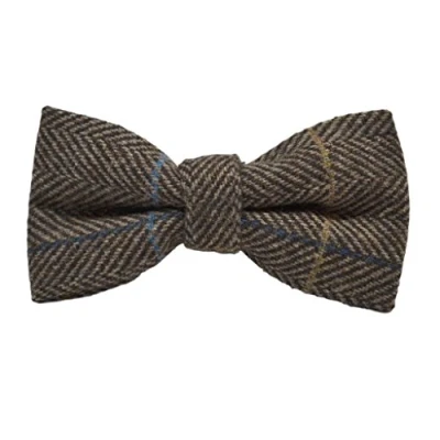 Image of King &amp; Priory Boys Walnut Brown Herringbone Check Pre Tied Bow Tie, Tweed