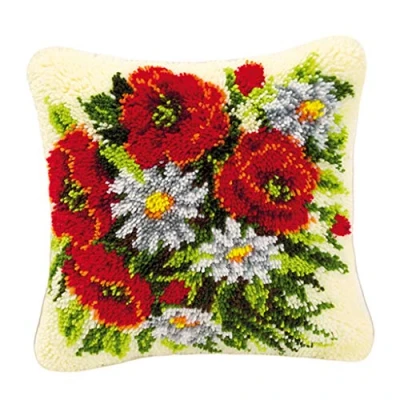 Image of sharprepublic Handmade Latch Hook Kits Cushion Cover Rug Making DIY for Kids/Adults with Printed Canvas Pattern 17&quot; X Flower 1