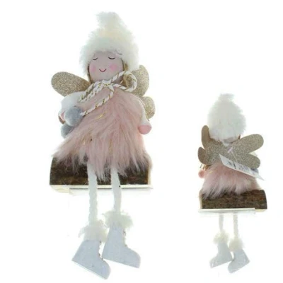 Image of Shudehill Giftware Christmas Dangly Legged Angel Soft Pink Fur Body Glitter Wings