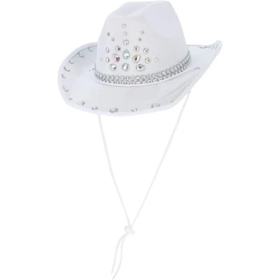 Image of Smiffys White Rhinestone Cowboy Hat, Cowboys and Indians Fancy Dress, Western Dress Up Hats