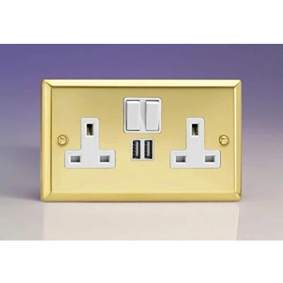 Image of Varilight 2 Gang 13A Single Pole Switched Socket + 2x5V DC 2100mA USB Charging Ports Victorian Brass