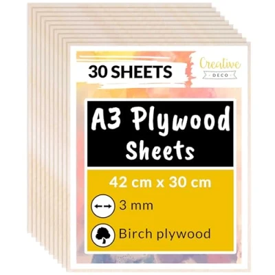 Image of Creative Deco 30 x A3 Birch Plywood Sheets 420 300 3mm Baltic Wood Ply Perfect Board for DIY Home Decor, Arts, Craft, Painting, Laser Cutting, CNC, Scroll Saw, Stenciling Pyrography