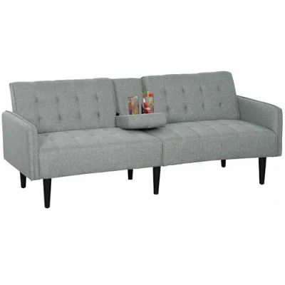 Image of HOMCOM Upholstered 3 Seater Sofa Bed, Linen Feel Sleeper Futon Recliner with Storage and Cupholders, Light Grey
