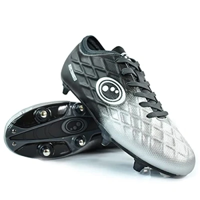 Image of Optimum Senior Ignisio 6 Stud Football Boots Lace Up Soccer Cleats PU Leather Moulded Studs Comfortable Fit for Grass &amp; Astro Turf Black/Silver 9
