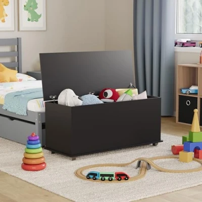 Image of Vida Designs Leon Toy Box, Wooden Children&#039;s Storage Chest with Lid, Covers and Blankets, Kids Tidy Bin (Black)