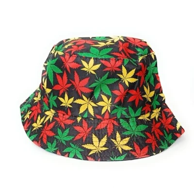 Image of KGM Accessories Cool Ganja Leaf Print Bucket Sun hat Festival Holiday Hats (Rasta)