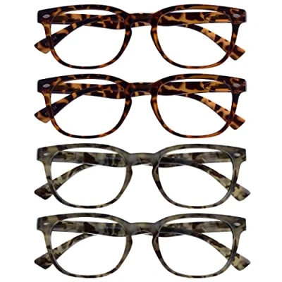 Image of OPULIZE ORA Reading Glasses for Men Women 4 Pack Designer Style Rounded Frame Scratch Resistant Lens Spring Hinges 2 Brown &amp; Grey Tortoiseshell +3.00