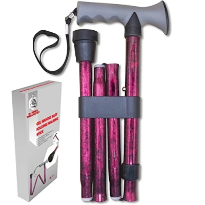Image of Dr. Bone&#039;s Therapeutics ® Easy Folding Walking Stick Gel Handle Height Adjustable Comfort Grip Collapsible Cane for Men &amp; Women Length Lightweight Sticks Red Crackle