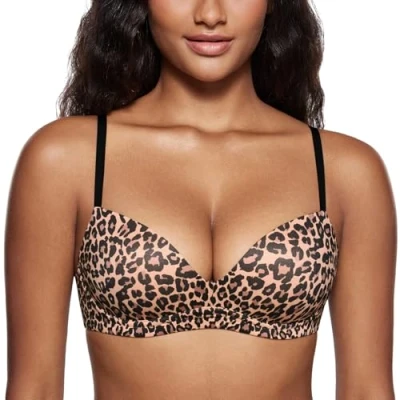 Image of DOBREVA Women&#039;s Push Up Bra Plunge Wireless Comfortable T Shirt Padded Bras Natural Leopard 42B