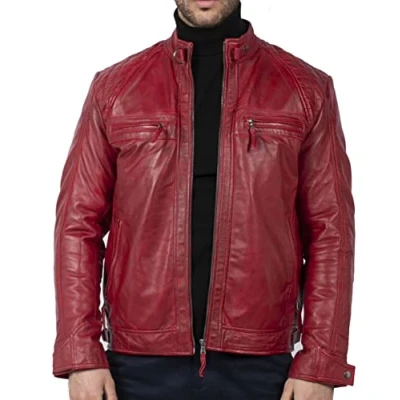 Image of TruClothing Men&#039;s Biker Jacket Outwear Windproof Winter Motorcycle Rider Real Leather Jackets Coat Retro Red 3XL