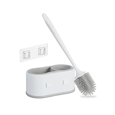 Image of Relaxdays Toilet Brush with Wall Holder, Quick Drying, Bathroom Container, WC Cleaner, No Drilling, Plastic, White/Grey, 40 x 21.5 11.5 cm