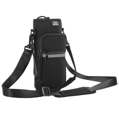 Image of Nuovoware Water Bottle Carrier Bag, 25oz/32oz Pouch Holder, Adjustable Shoulder Hand Strap 2 Pocket Sling Neoprene Sleeve Sports Accessories for Men/Women Hiking Travelling, Black