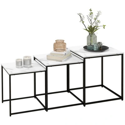 Image of HOMCOM Nesting Tables Set of 3, Side End Table with Marble Effect Top and Steel Legs for Living Room Bedroom, White