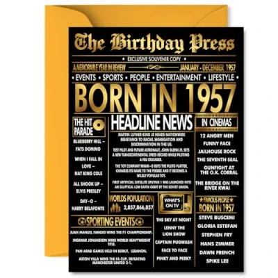 Image of Gold 68th Birthday Card for Men Women Black &amp; Golden Newspaper Born in 1957 Happy 68 Cards Brother Sister Husband Wife Nan Grandma, 5x7 Inch Bday Greeting