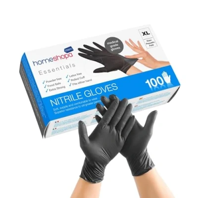 Image of HOMESHOPA Disposable Nitrile Examination Gloves, 100 Pack Black, X Large, Powder Free, Latex Medical Grade, Food Safe, Multipurpose, Non Sterile Protective Extra Strong Surgical Gloves