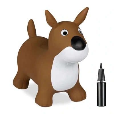 Image of Relaxdays Inflatable Dog Hopper, Bouncing Toy, up to 50 kg, BPA Free, for Kids from 3 Years, with Air Pump, Brown/White, 45 x 25 53 cm