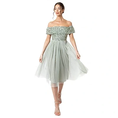 Image of Maya Deluxe Women&#039;s Ladies Bardot Dresses Midi High Empire Waist Sequins Embellished Formal Evening for Wedding Guest Bridesmaid, Green, 26