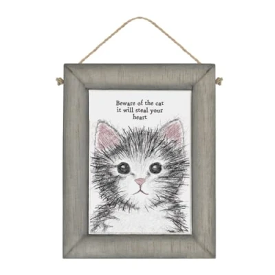 Image of East of India Wooden Plaque Home Decorative Hanging Wall Rustic Sign Sentimental Gift Cat Picture &#039;Beware the cat&#039;