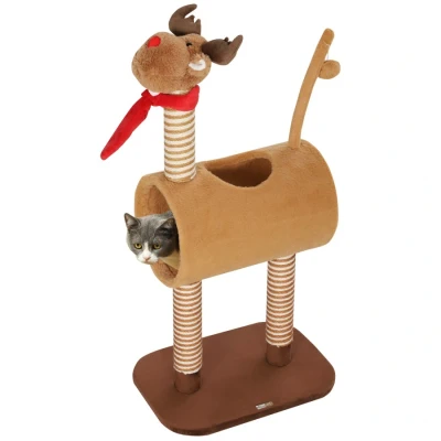 Image of PawHut Cat Tree, 98cm Tower Deer Themed for Indoor Cats and Kittens, with Scratching Posts, Toy Ball, Tunnel, Brown