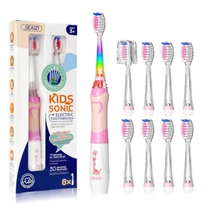 Image of Seago Kids Electric Toothbrush, Childrens Toddler Toothbrush with 8 Brush Heads, Rainbow LED Light for Junior Boys and Girls Ages 3+, SG 977(Pink)