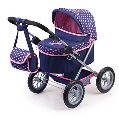 Image of Bayer Design 13052AA Dolls pram Trendy, with Bag, Height Adjustable Handle, Foldable, Big Wheels, Blue, Pink, 67 cm x 41 68